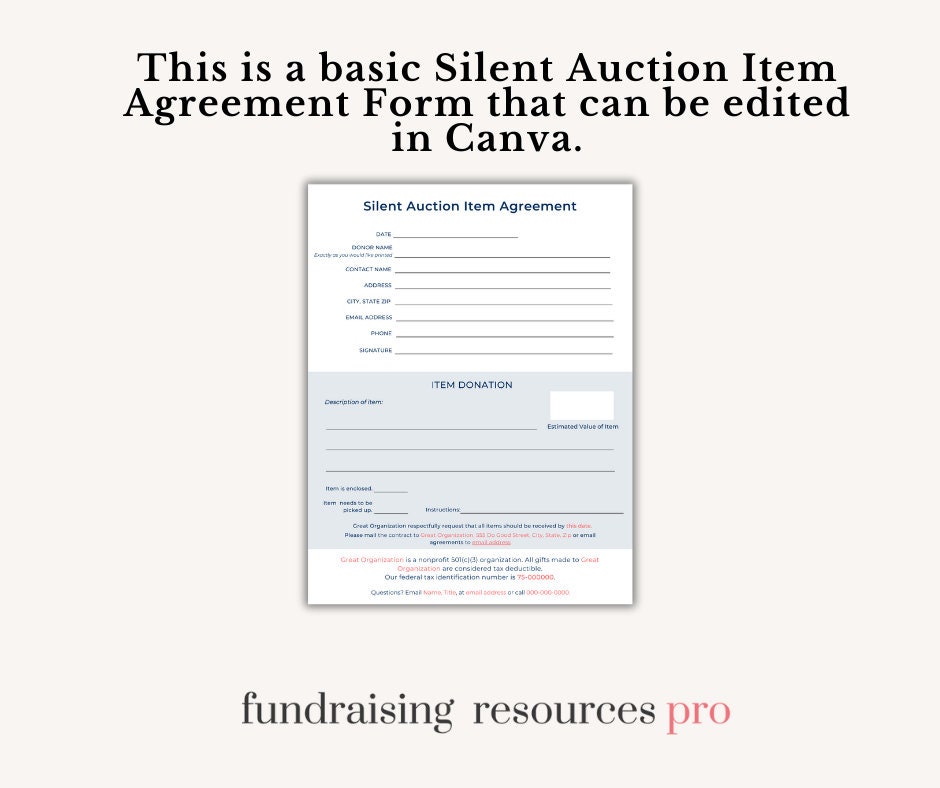 Silent Auction Agreement Template Form Etsy