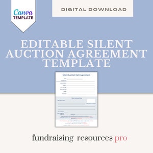 Könnte beinhalten: Bearbeitbare Vorlage für einen stillen Auktionsartikelvertrag. Ein blaues und weißes Formular mit dem Text "Silent Auction Item Agreement" oben. Das Formular enthält Felder für den Artikelnamen, die Beschreibung, das Startgebot, die minimale Gebotserhöhung und Informationen zur Spende.