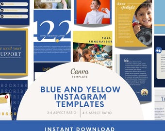 Nonprofit Instagram Templates for Canva, Blue & Yellow Social Pack