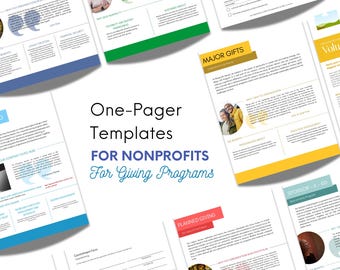 May include: A collection of informational one-pager templates for nonprofits, designed for giving programs. The documents feature various layouts with headings like "Major Gifts" and "Planned Giving," and include images and text boxes. The color scheme includes blue, green, yellow, and red accents.