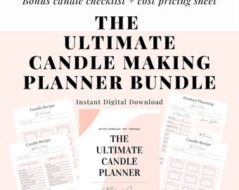 May include: The Ultimate Candle Making Planner Bundle, an instant digital download. The image features a pink and white design with the text "The Ultimate Candle Making Planner Bundle". Includes candle recipe sheets and product planning pages.