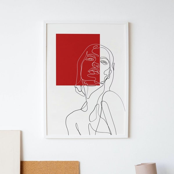 Cuadro Estilo Lineart de un Retrato Mujer con Cuadrado Rojo | Retrato Lineart | Arte Lineart | Cuadro Decorativo | Impresión Digital