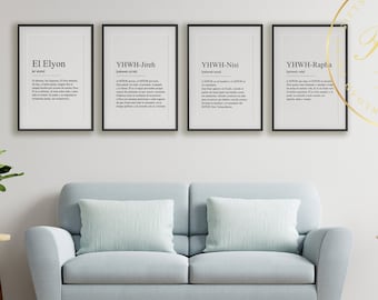 Set de 4 Cuadros: Los Nombres de Dios | Cuadros Cristianos | Decoración con Frases Bíblicas | Decoración Cristiana | Cuadros Biblicos
