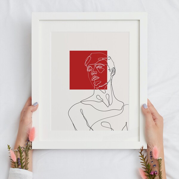 Cuadro de Impresión Digital Estilo Lineart de un Retrato con Cuadrado Rojo | Cuadros Decorativos | Lineart | Retrato Arte Linear
