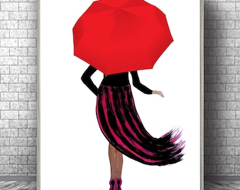 Red Umbrella Art Print: Beach Decor, Printable Rain Poster (Digital Download)