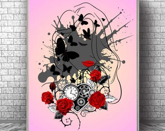 Abstract Woman Flower Wall Art Prints: Female Poster With Flowers (Digital Download)