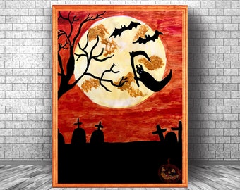 Happy Halloween Print, Halloween Printable, Halloween Wall Decor, Halloween Wall Art, Halloween Illustration, Spooky Home Art