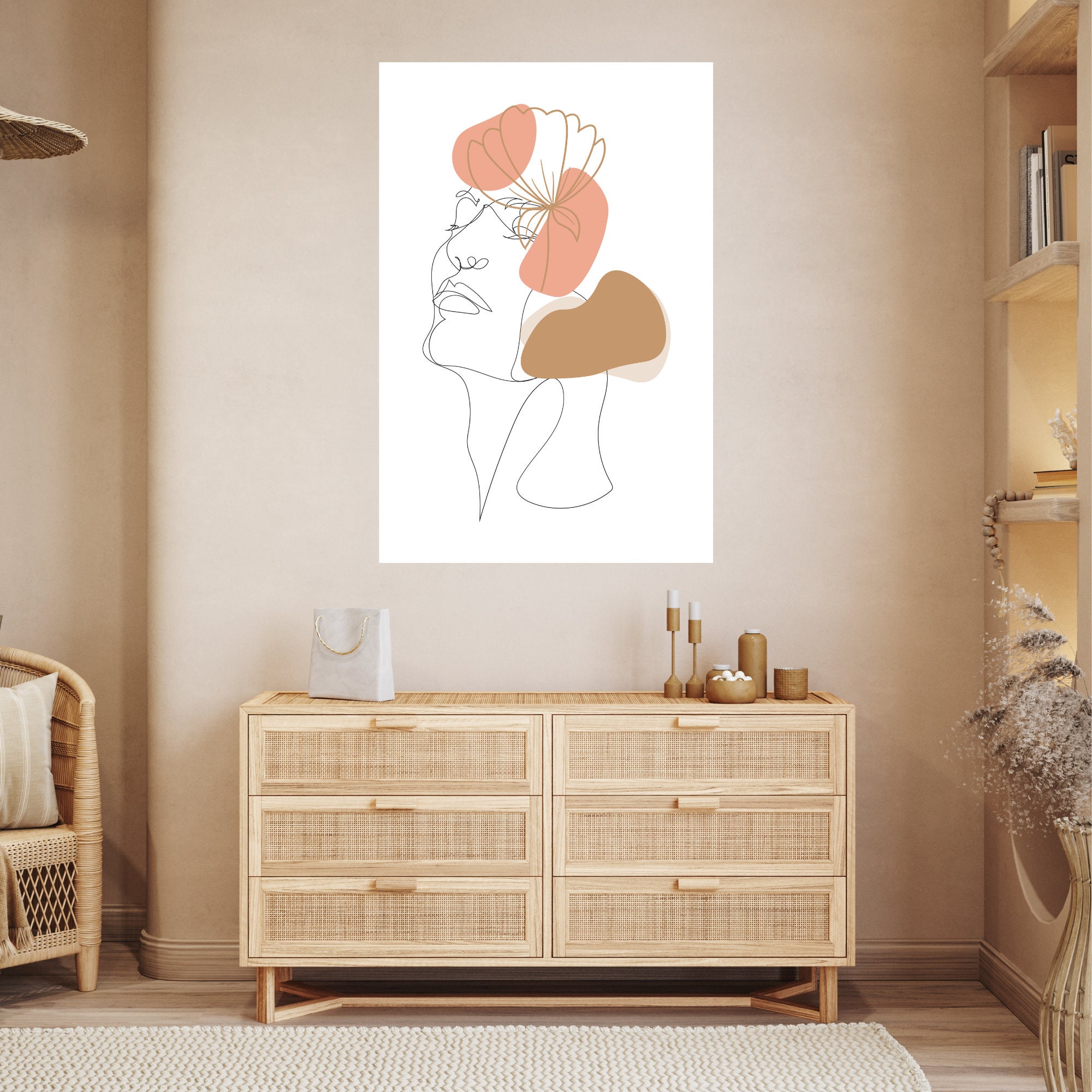 Boho Woman Art Print, Woman Line Art, Female Face Line Wall Art ...