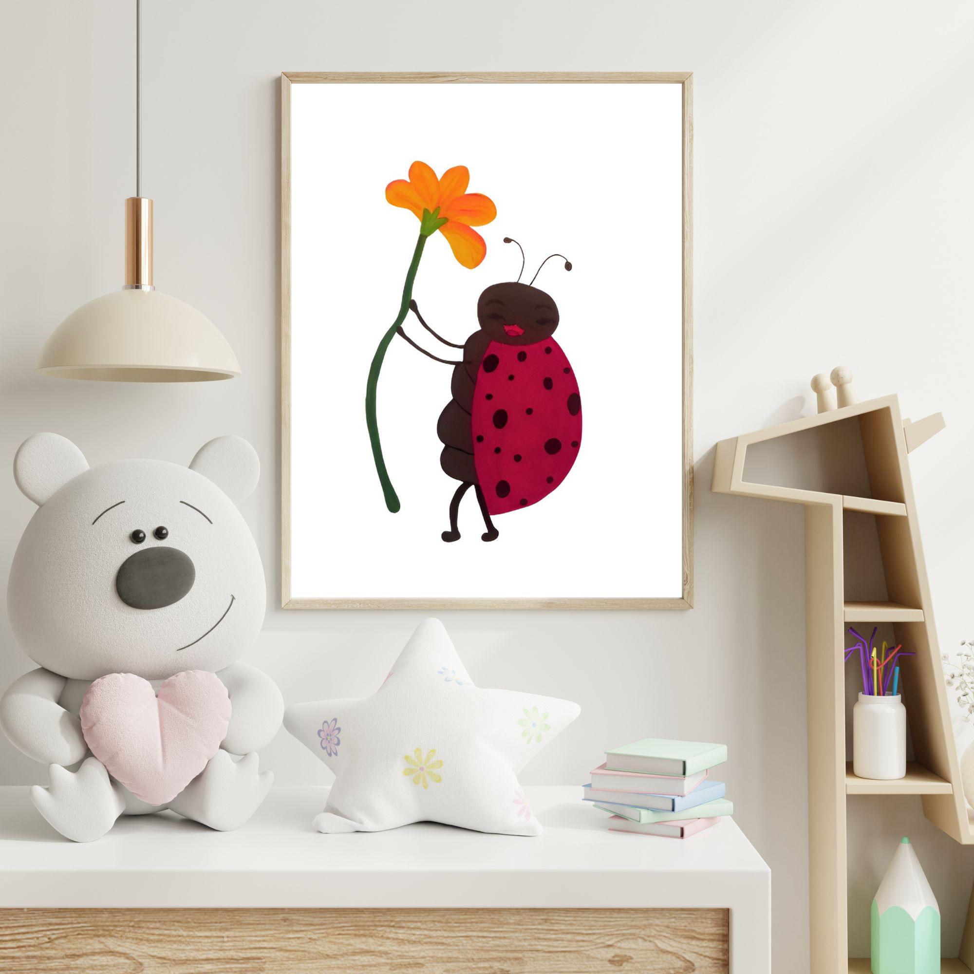 Ladybug Wall Art Print: Cute Bug Poster, Girl Nursery Decor (digital ...