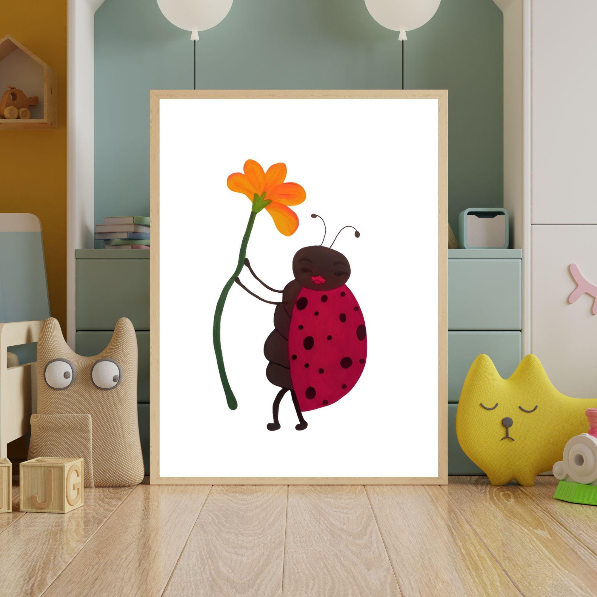 Ladybug Wall Art Print: Cute Bug Poster, Girl Nursery Decor (digital ...