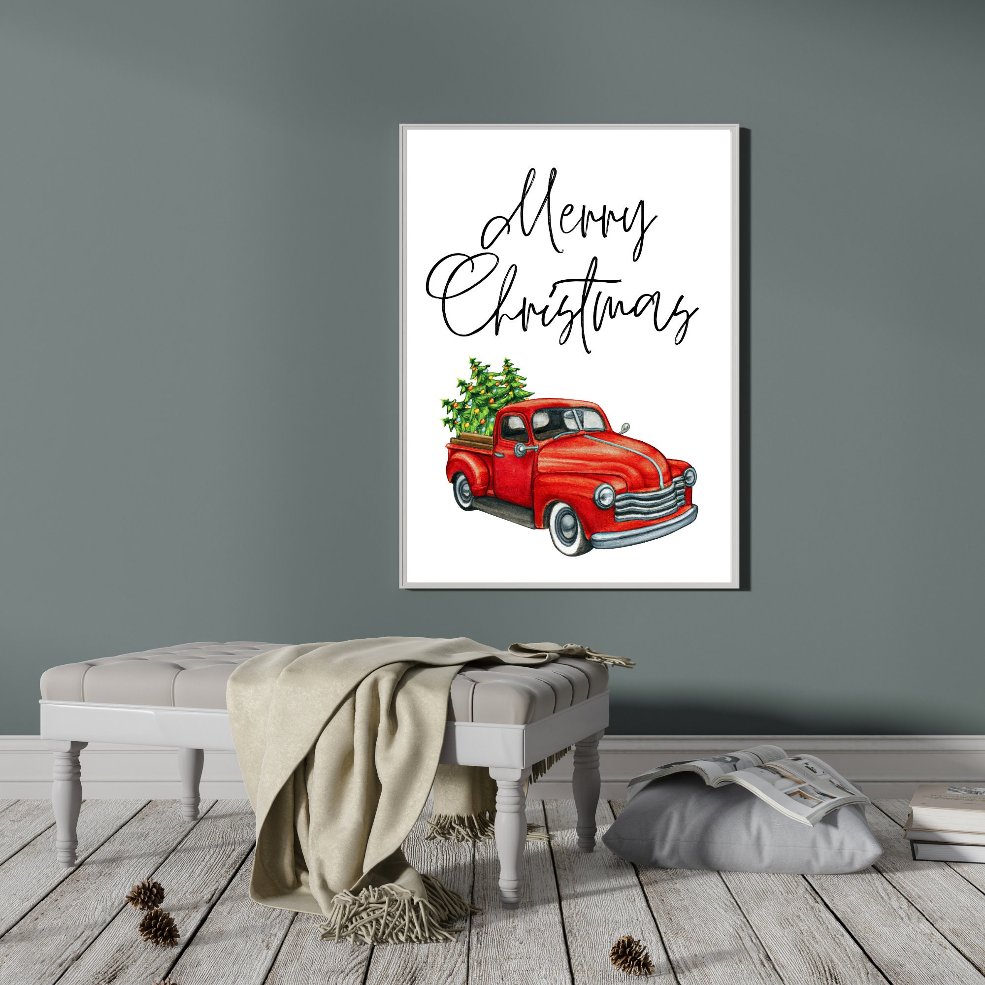 Red Truck Printable, Merry Christmas Printable, Holiday Wall Art, Christmas Truck Print, Red ...