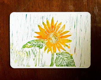 Hand-printed linocut postcard - sunflower motif on sustainable paper, greeting card, linocut