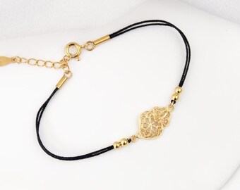 Viana's Heart Bracelet • Portuguese Filigree Jewelry • 24k Gold Plated / 925 Sterling Silver • Heart Charm Silk Bracelet • Gift for Her