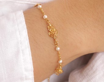 Viana's Heart Bracelet • Portuguese Filigree Pearl Bracelet • 24k Gold Plated / 925 Sterling Silver • Delicate Handmade Portuguese Jewelry