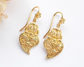 Portuguese Filigree Earrings • Heart of Viana Earrings • 24k Gold Plated / 925 Sterling Silver • Portuguese Jewelry for Women • Jewelry Gift