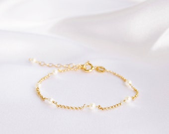 Freshwater Pearl Bracelet • 925 Sterling Silver Beaded Bracelet • Delicate Pearl Bracelet Gold • Simple Pearl Chain Bracelet • Gift for Her