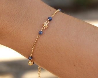 Dainty Filigree Bracelet • 24k Gold Plated / 925 Sterling Silver • Natural Sapphire & Viana Bead Bracelet • Portuguese Filigree Jewelry