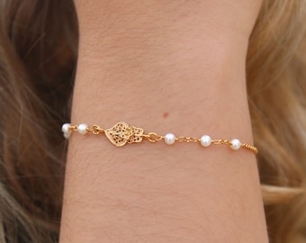 Portuguese Filigree Bracelet • 24k Gold Plated / 925 Sterling Silver • Heart of Viana & Freshwater Pearls •  Mother's Day gift