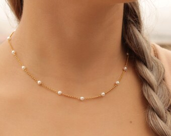 Natural Freshwater Pearl Necklace • 925 Sterling Silver Pearl Beaded Chain • Minimal Pearl Gold Choker • Delicate Tiny Gemstone Necklace