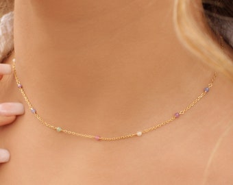 Delicate Multicolor Choker • 925 Sterling Silver Crystal Necklace • Dainty Gemstones Necklace • Minimalist Necklace • Colourful Gemstones