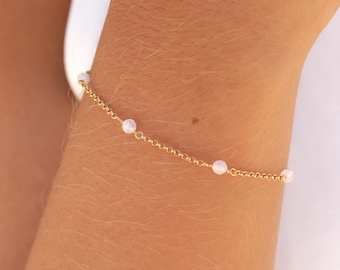 Moonstone Bracelet • 925 Sterling Silver Gemstone Bracelet • Tiny Moonstone Bead Bracelet • Delicate Gemstone Layering Bracelet
