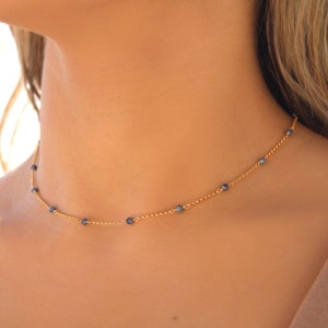 Sapphire Necklace • 925 Sterling Silver Tiny Gemstone Choker • Natural Blue Sapphire Beaded Chain • Delicate Minimal Gemstone Necklace