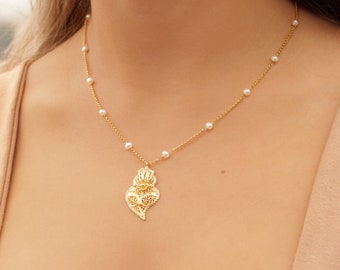 Viana's Heart Necklace • 24k Gold Plated 925 Sterling Silver • Portuguese Filigree Pearl Beaded Necklace • Portuguese Jewelry for Women
