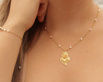 Viana&#39;s Heart Necklace • 24k Gold Plated / 925 Sterling Silver • Portuguese Filigree Pearl Beaded Necklace • Portuguese Jewelry for Women