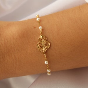 Viana&#39;s Heart Bracelet • 24k Gold Plated 925 Sterling Silver • Portuguese Pearl Filigree Bracelet • Portuguese Jewelry • Gift for her