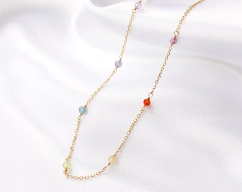 7 Chakra Necklace • 925 Sterling Silver Gemstone Choker • Chakra Stones Beaded Chain • Simple Rainbow Necklace • Healing Crystals Necklace