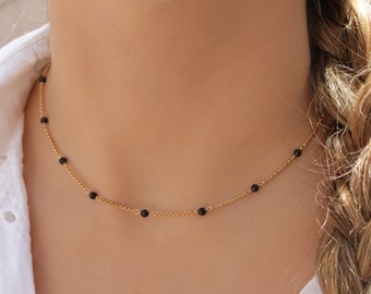 Black Onyx Choker • 925 Sterling Silver Onyx Necklace • Tiny Natural Stone Chain • Gold Gemstone Choker • Dainty Black Beaded Necklace