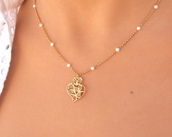 Viana&#39;s Heart Necklace • Heart Filigree Pendant & Natural Freshwater Pearls • 24k Gold Plated / 925 Sterling Silver • Portuguese Jewelry
