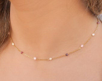 Delicate Gemstone Choker • 925 Sterling Silver Crystal Necklace • Dainty Tiny Pink Stones Necklace • Minimalist Necklace • Gift for Her