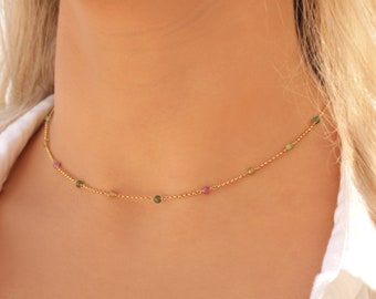 Multi Tourmaline Necklace • 925 Sterling Silver Gemstone Choker • Minimal Colorful Gold Beaded Choker • Multicolor Tiny Gemstone Necklace