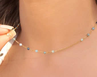 Tiny Gemstone Necklace • Dainty Colorful Beaded Choker • Delicate Multi Gem Necklace • Blue Shaded Crystal Necklace • Minimalist Jewelry