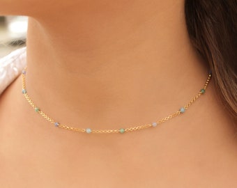 Multicolor Gemstone Choker • 925 Sterling silver Crystal Necklace • Colorful Multi Stone Beaded Necklace - Emerald, Tanzanite, Aquamarine