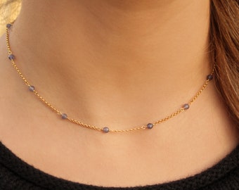 Iolite Necklace • Tiny Gold Gemstone Choker • Natural Iolite Beaded Chain • Dainty Crystal Silver Necklace • Simple Delicate Layer Necklace