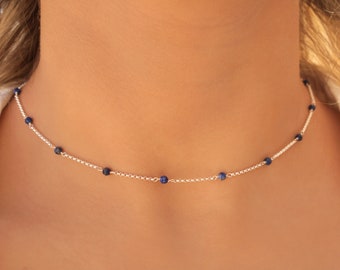 Lapis Lazuli Necklace • 925 Sterling Silver Gemstone Beaded Choker • Dainty Gold Lapis Chain Choker • Natural Tiny Blue Stone Necklace