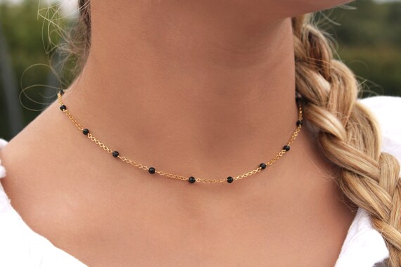 Black Onyx Choker 925 Sterling Silver Onyx Necklace Tiny Natural