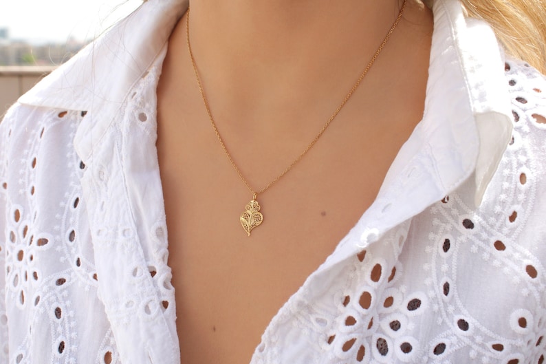 Tiny Viana's Heart Necklace Portuguese Filigree Necklace 24k Gold Plated / 925 Sterling Silver Delicate Viana Chain Necklace image 1