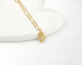 Tiny Viana's Heart Pearl Necklace • Portuguese Filigree Necklace • 24k Gold Plated / 925 Sterling Silver • Portuguese Jewelry