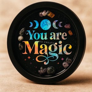 You Are Magic- Resin Tray with Crystals – Holographic Celestial Decor | Witchy Gift | Handmade Spiritual Trinket Dish | Moon Phase Art