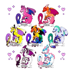 May include: A collection of colorful dragon illustrations, each representing a different identity: Bisexual, Lesbian, Non-Binary, Rainbow, Gay, Asexual, and Transgender. Each dragon is uniquely colored and labeled with its corresponding identity.