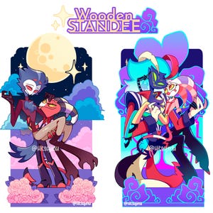 May include: Two colorful wooden standees featuring cartoon characters in romantic poses. One standee shows a couple under a moonlit sky, the other a couple in a vibrant, abstract setting. The text "Wooden Standee" is at the top.