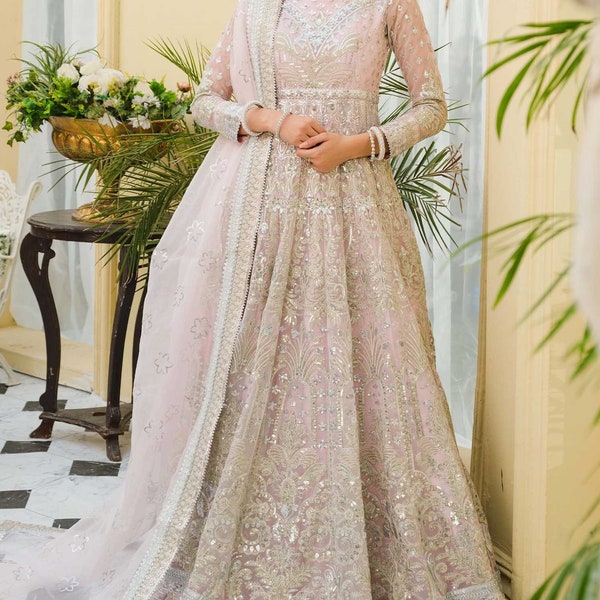 Soft Pink pakistani heavy embroidered bridal dress, indian desi wedding party wear.