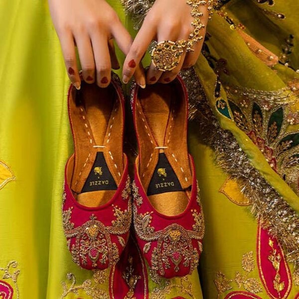 Luxury Bridal red shoes khussa jutti, hand made with embellishments pakistani wedding jutti shahnaai shoes