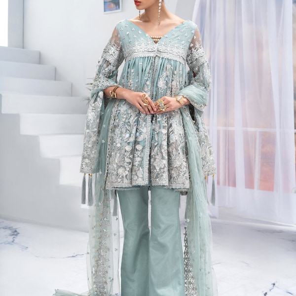 Pretty short frock dress, indian party wear and wedding dress, Eid embroidered dress