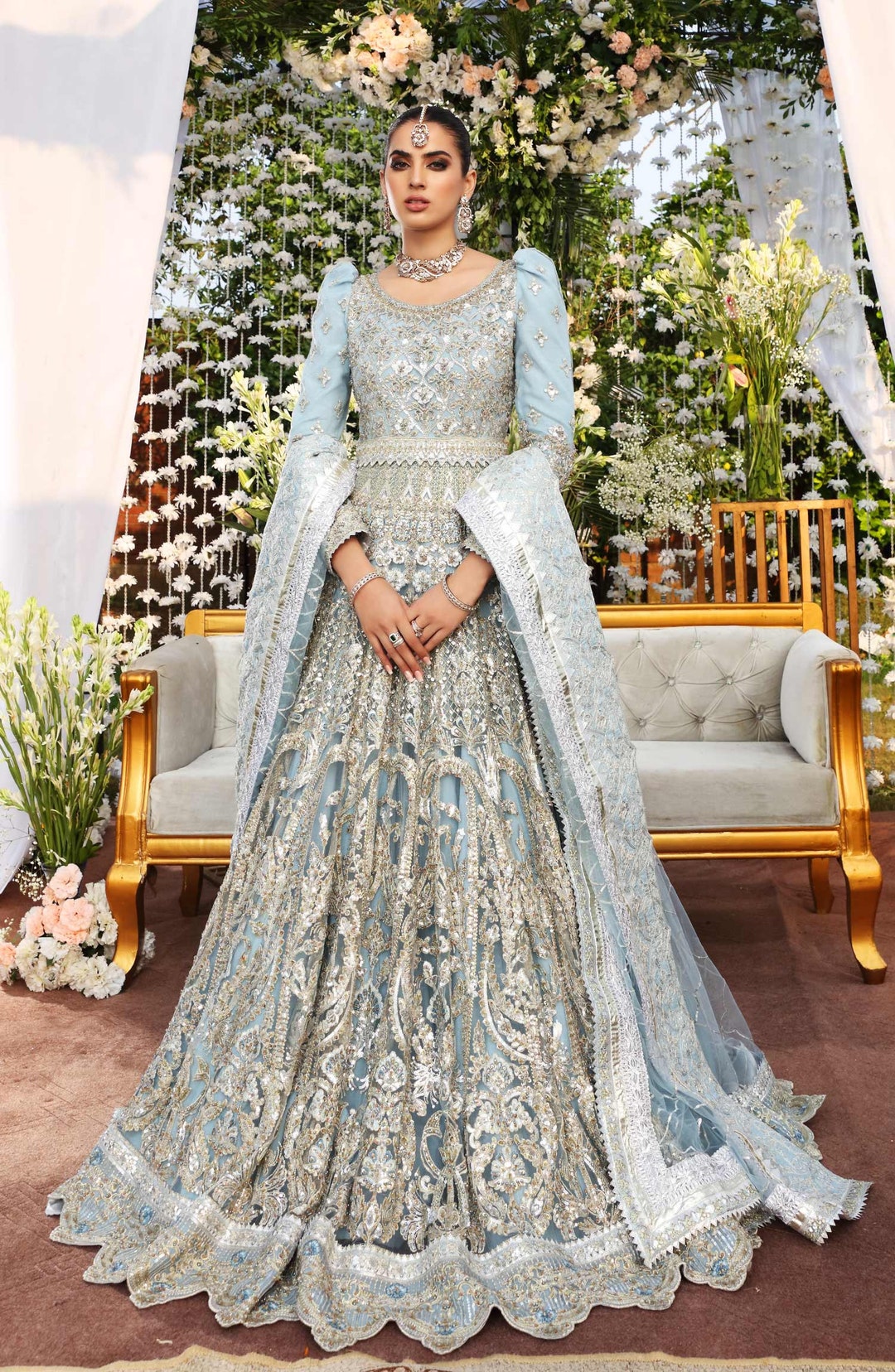 Beautiful Sky-blue Color Sequence With Embroidery Work Gown