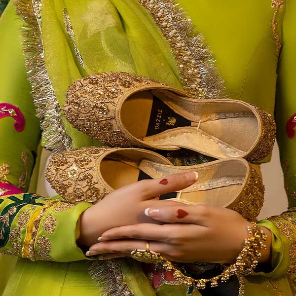 Indian Gold khussa traditional shoes, pakistani wedding and bridal mehendi and waleema shahnai shoes with hand work.