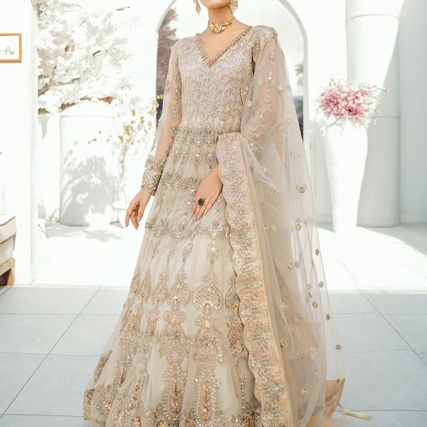 Bridal dress with hand work and heavy flare, pakistani and indian desi bridal maxi and wedding party wear reception dress and eid outfit